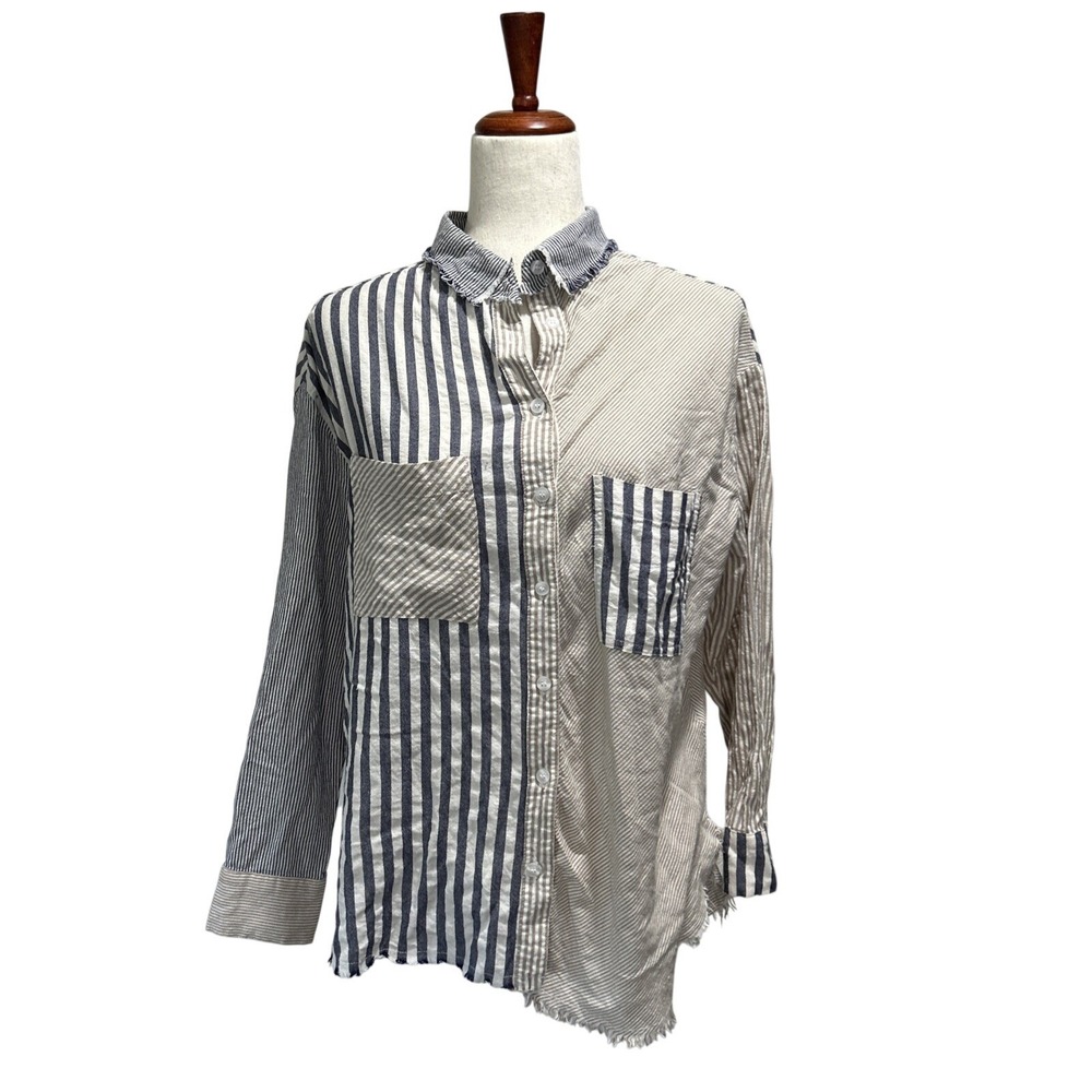 Bohme Women's Top Small Patchwork Boho Button Down Coastal Preppy Pockets